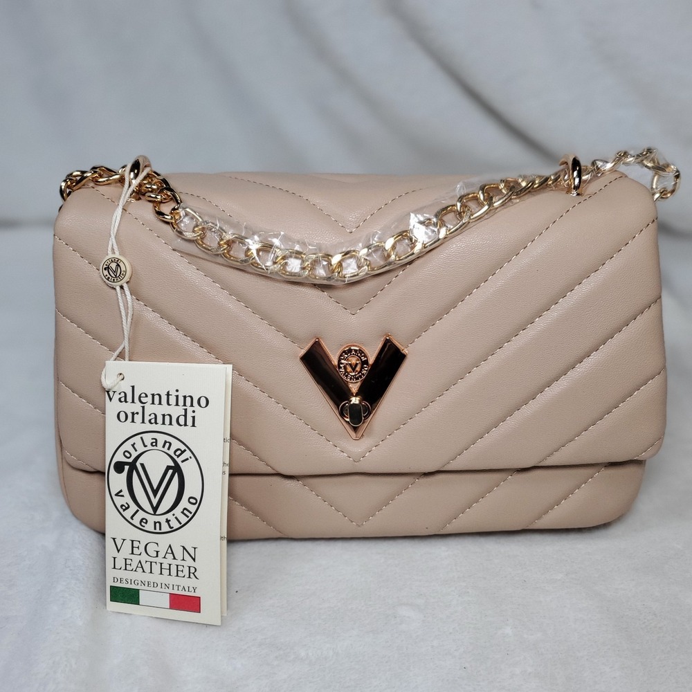 Valentino Orlandi Formal Party Shoulder Bag Quiles Glam Gold Chain Strap Beige
